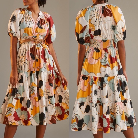 Anthropologie Dresses & Skirts - Anthropologie / Conditions Apply floral Tiered puff sleeve smocked midi dress